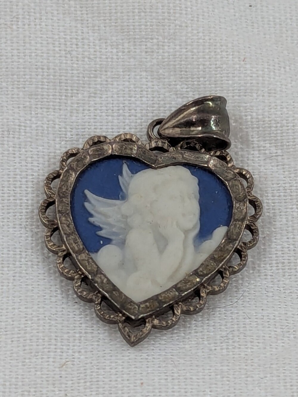 STERLING SILVER 925 HEART JASPERWARE ANGEL CAMEO PENDANT PERU SA MARK BLUE WH